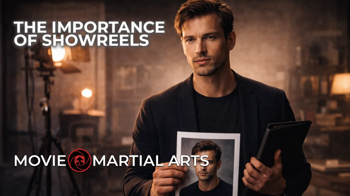 Martial arts performer filming a professional showreel on a movie set