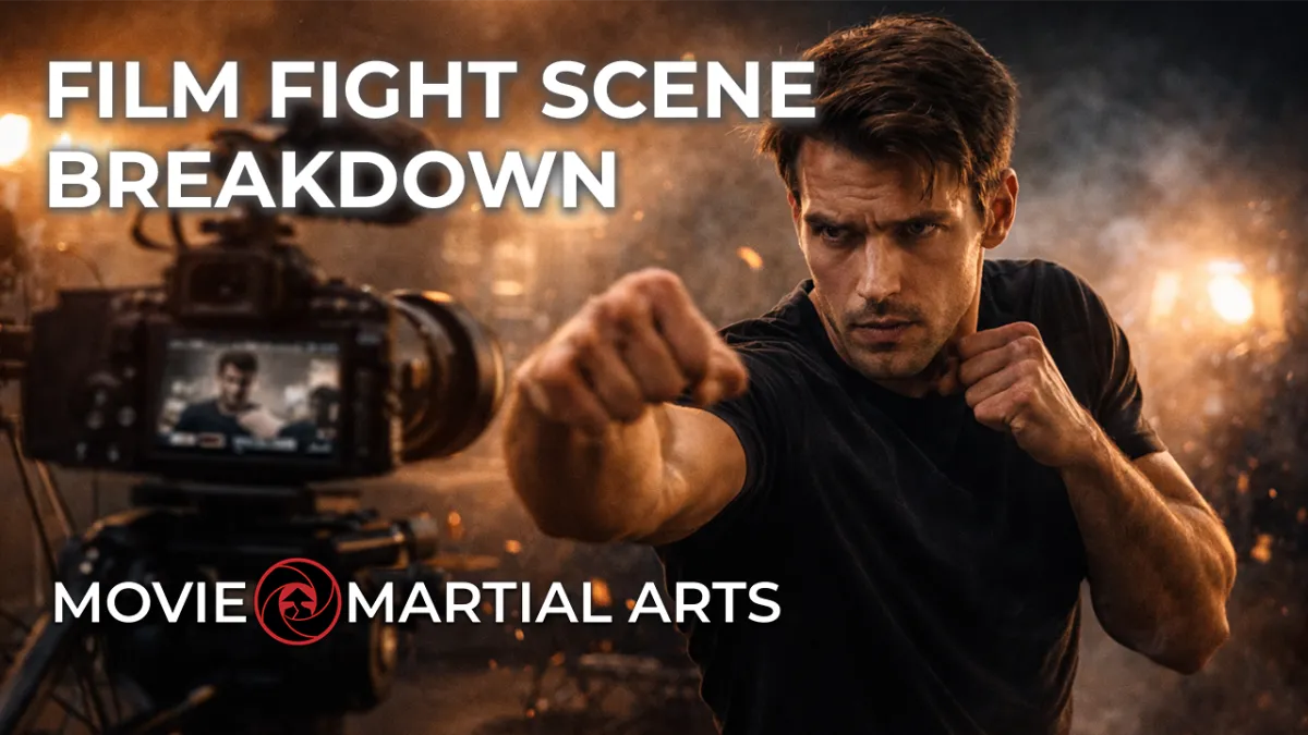 A focused actor rehearsing an intense fight scene.