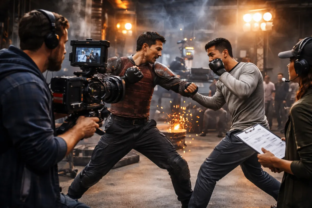 Action movie fighters performing mixed martial arts grappling during a cinematic fight sequence.