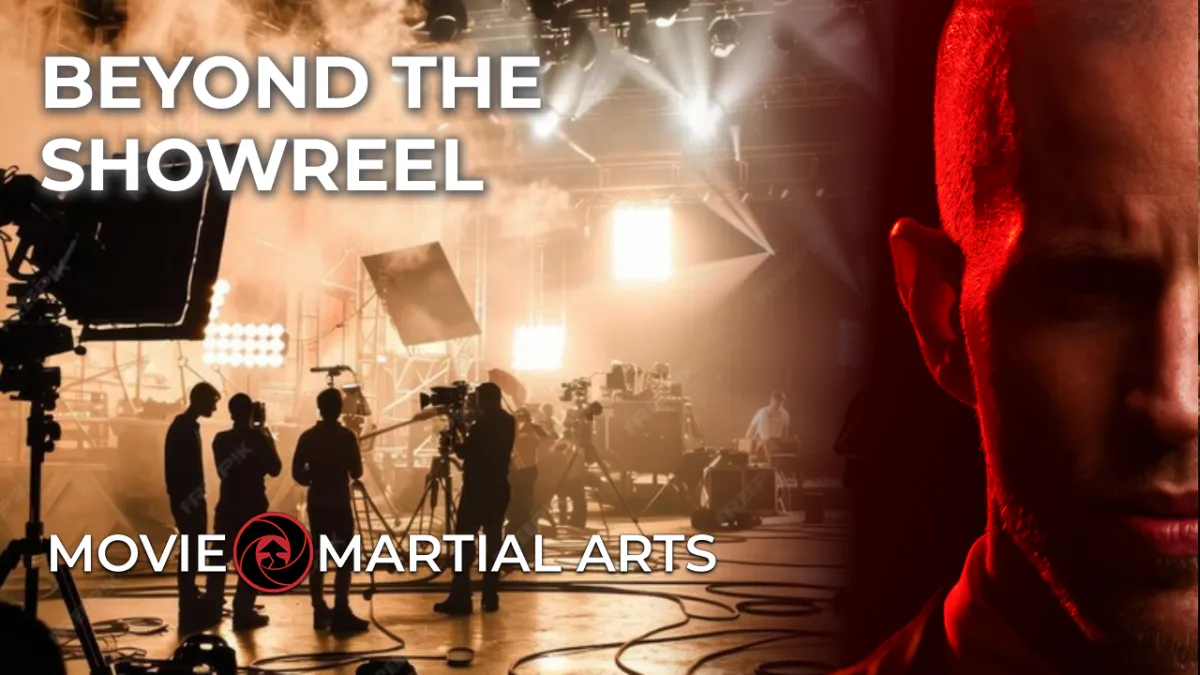 Casting director and stunt performers reviewing martial arts showreel for film action role.