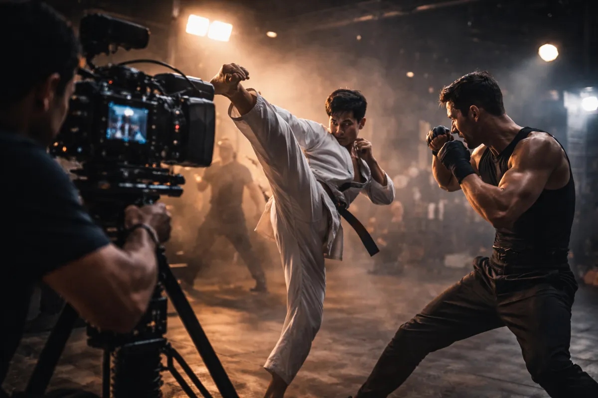 International martial artists demonstrating different fighting styles during cinematic action choreography.