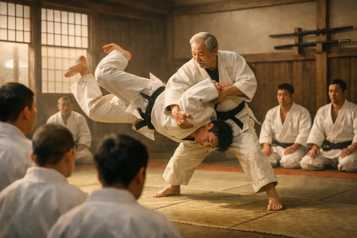 Jigoro Kano teaching early judo techniques in a traditional dojo in 1882Jigoro Kano teaching early judo techniques in a traditional dojo in 1882.