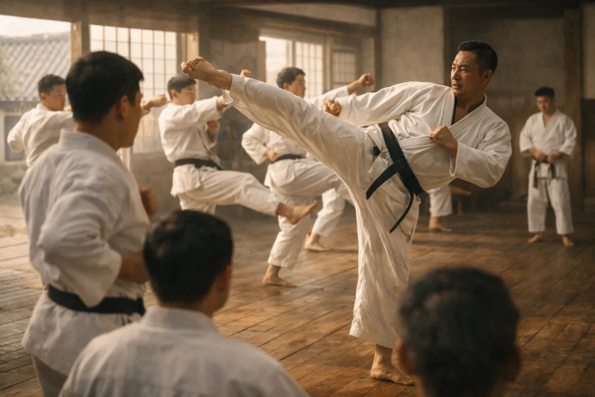 Taekwondo instructor demonstrating high kick to students in 1950s South Korea, early dojang training.
