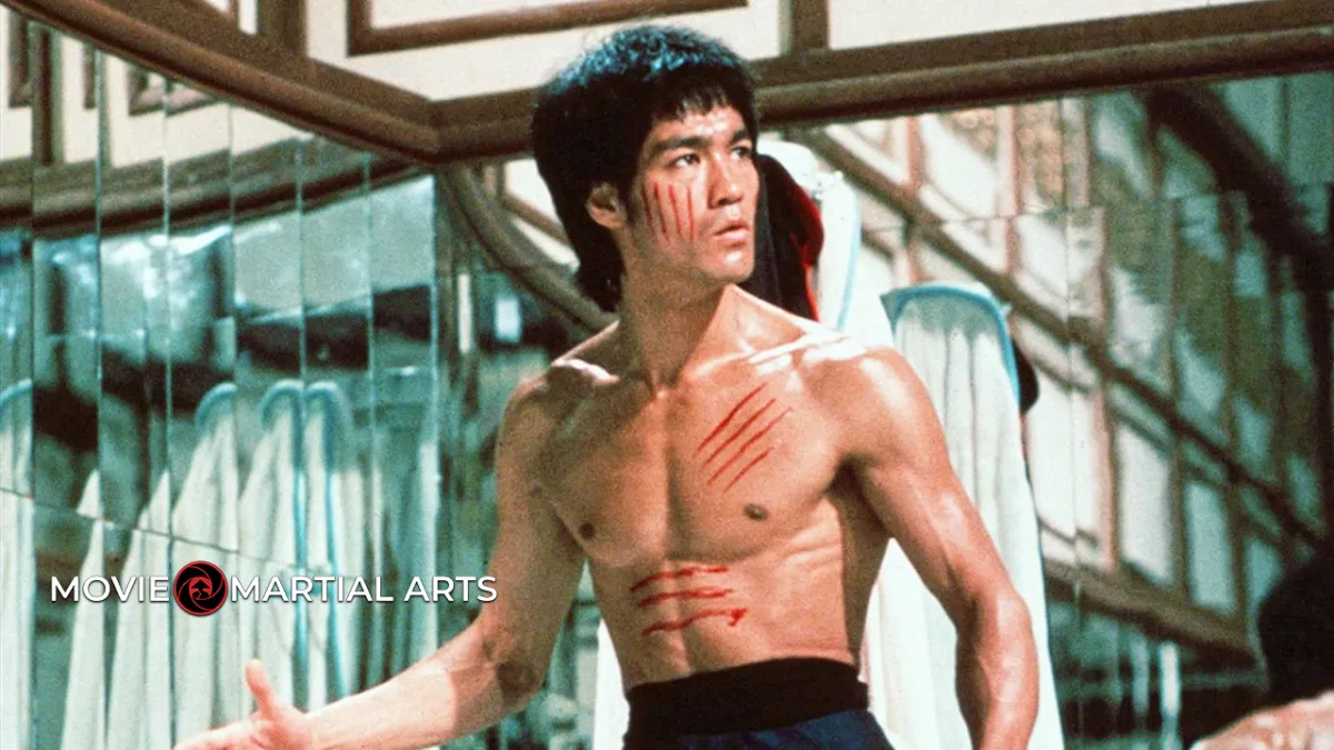 Bruce Lee performing martial arts fight choreography in the classic film Enter the Dragon.