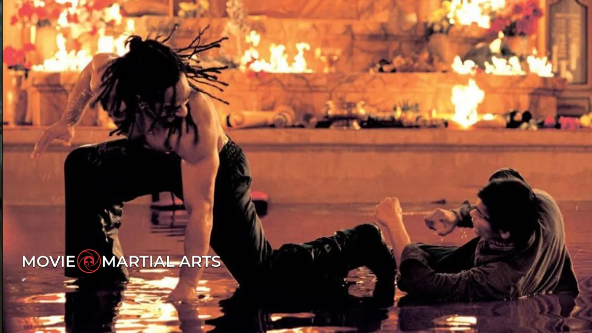 Tony Jaa performing explosive Muay Thai strikes during the action film The Protector.