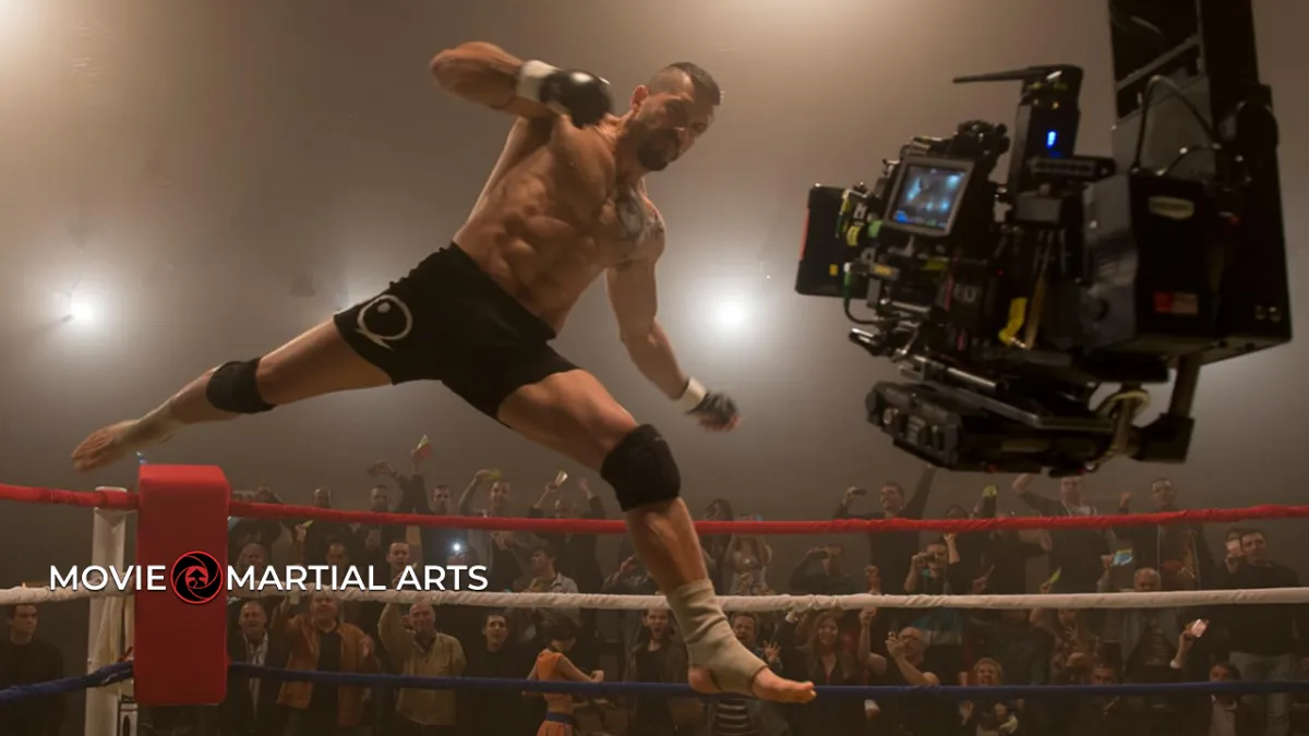 Scott Adkins performing spinning kick fight choreography in Undisputed III.