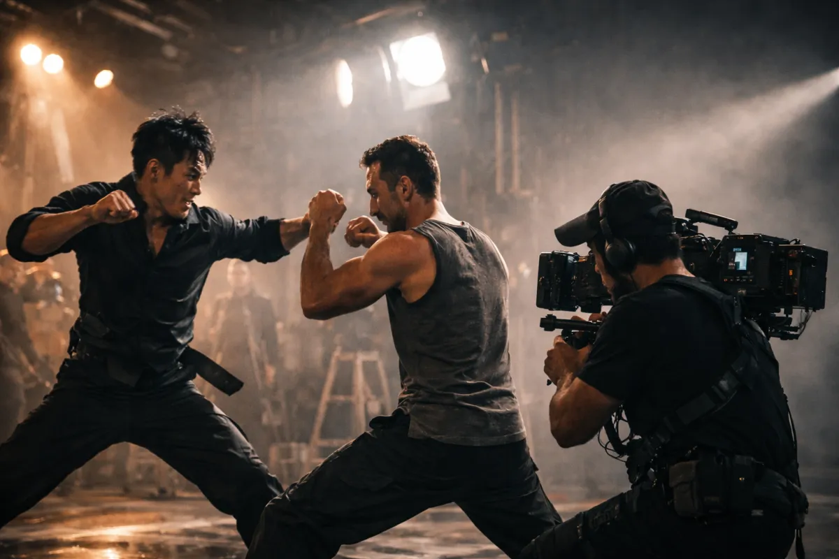 Martial artists performing realistic fight choreography for a modern action film scene.