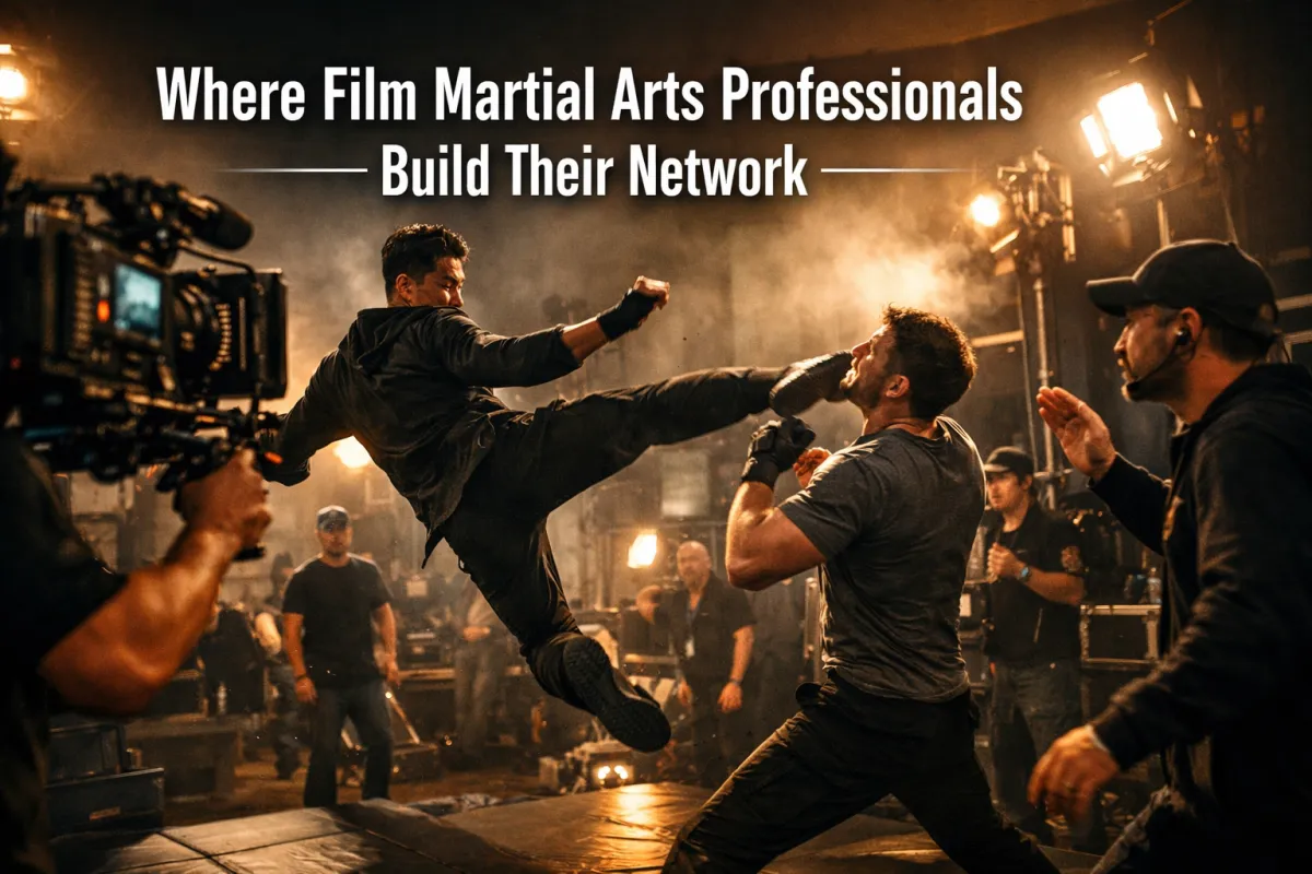 Martial artists performing a choreographed fight scene on a professional movie set while a camera operator films the action.