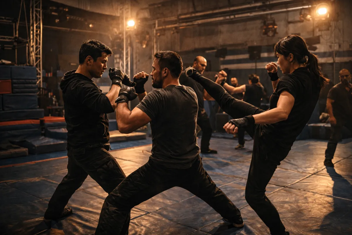 Stunt performers practicing fight choreography together in a professional stunt training gym.