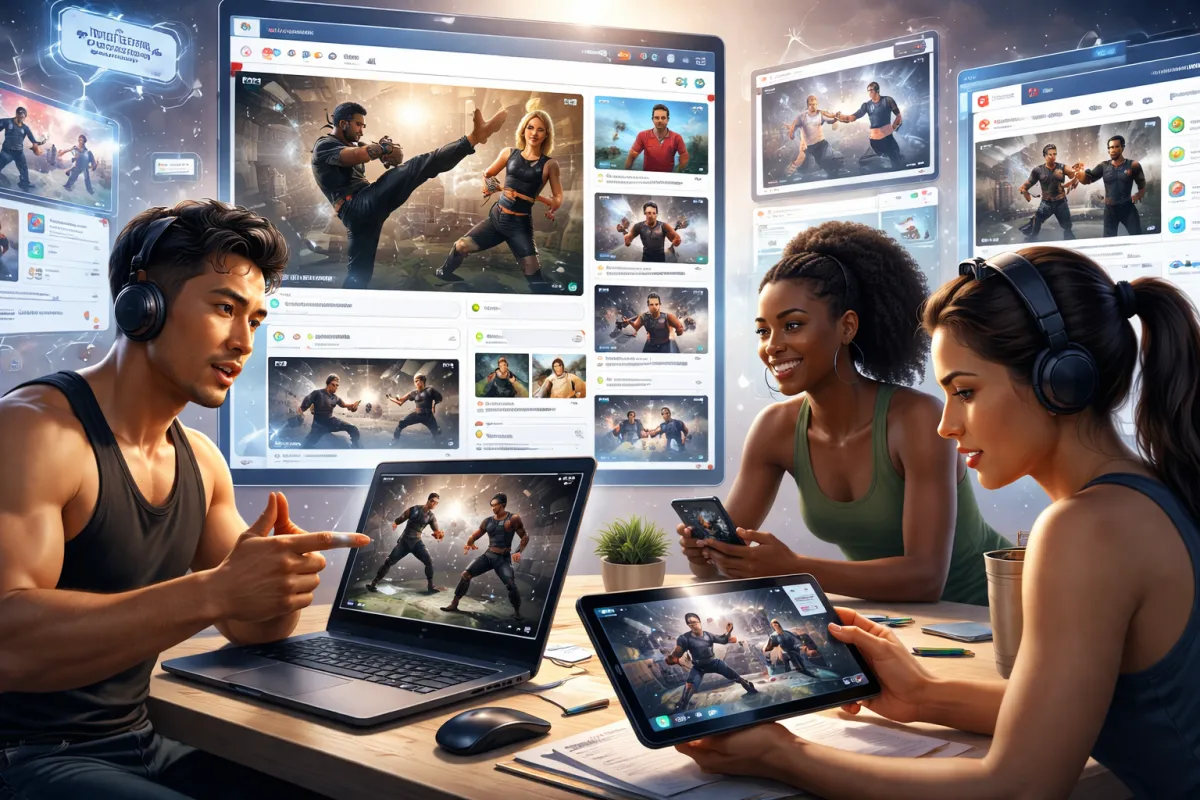 Martial artists and stunt performers engaging in an online professional community, sharing training videos and discussing choreography techniques.
