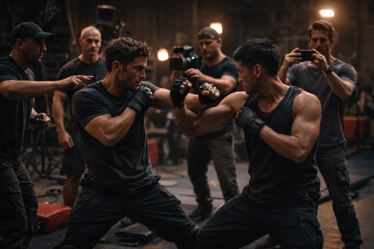 Stunt performers rehearse in gritty gym