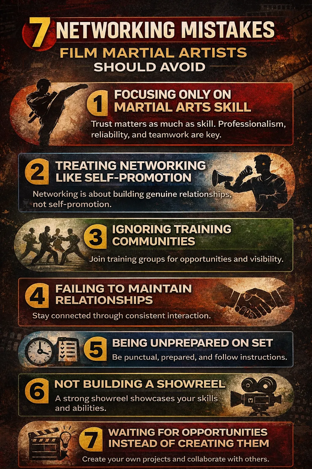 7 Networking Mistakes Film Martial Artists Should Avoid: Learn how to build stronger professional relationships in the stunt and action industry.