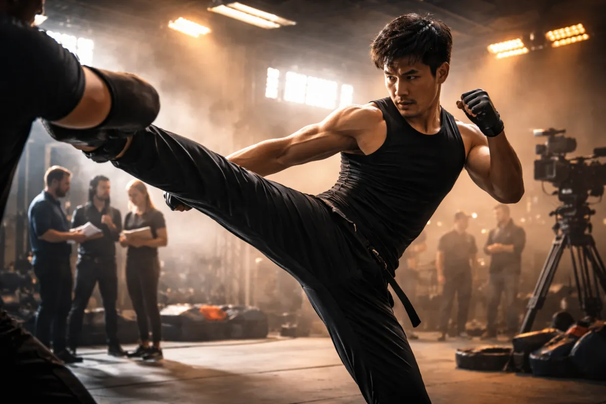 Martial artist and stunt performer receiving career guidance and mentorship from an industry professional, discussing future collaborations and opportunities.