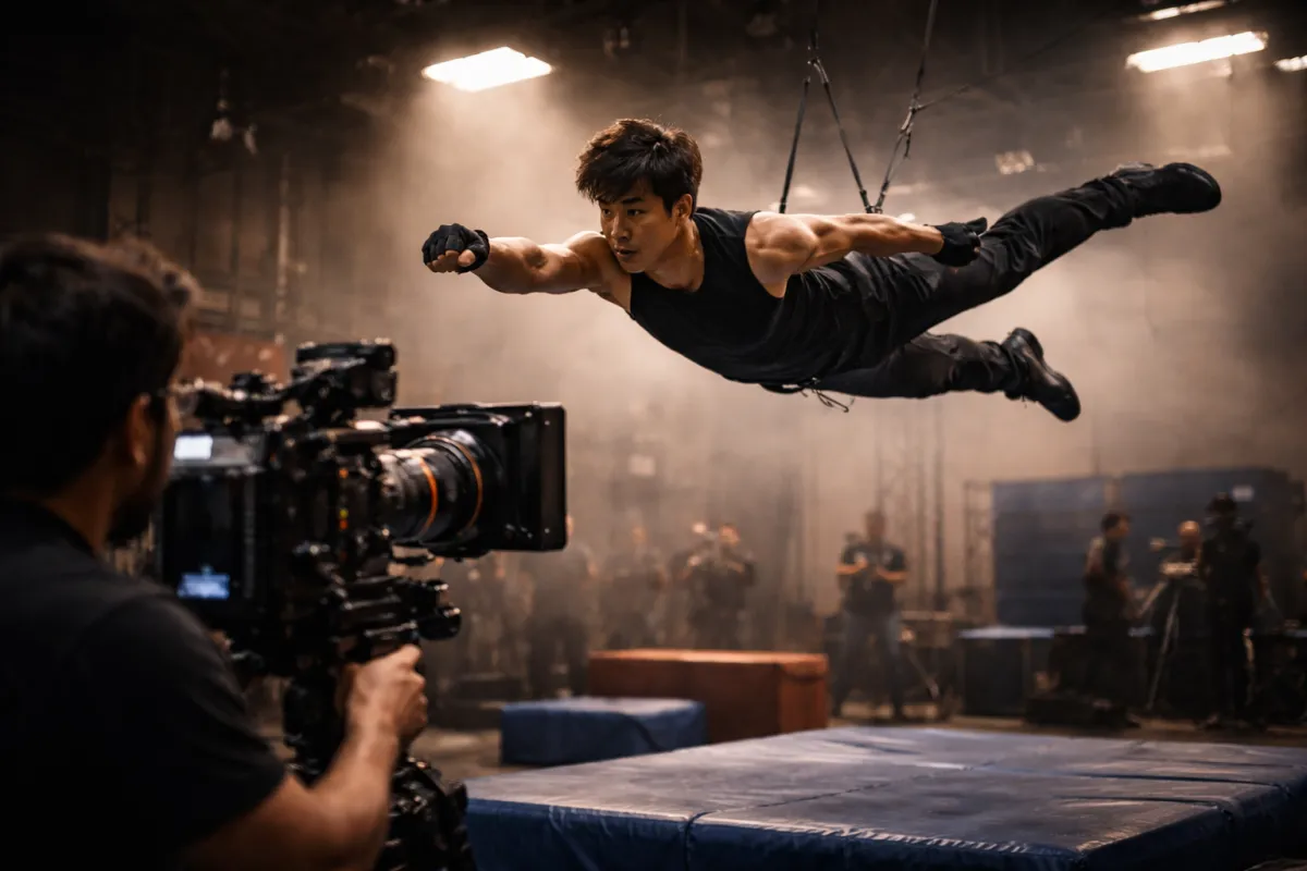 Stunt performer in mid-air kick