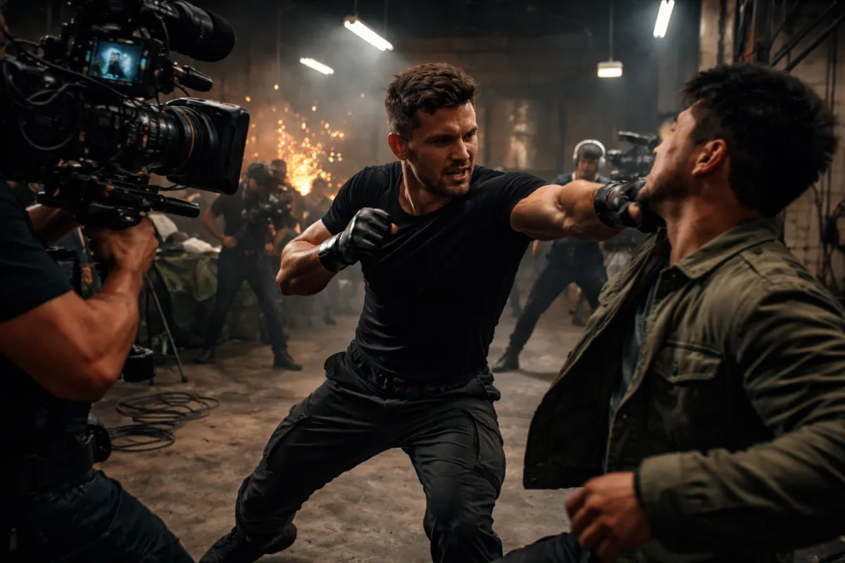 Action film fight choreography performed in a continuous long-take sequence.