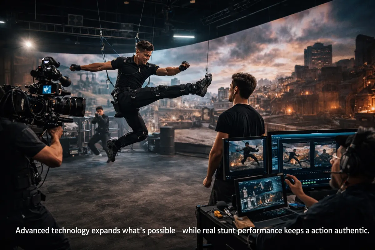 Film stunt team rehearsing action choreography using modern filmmaking equipment.