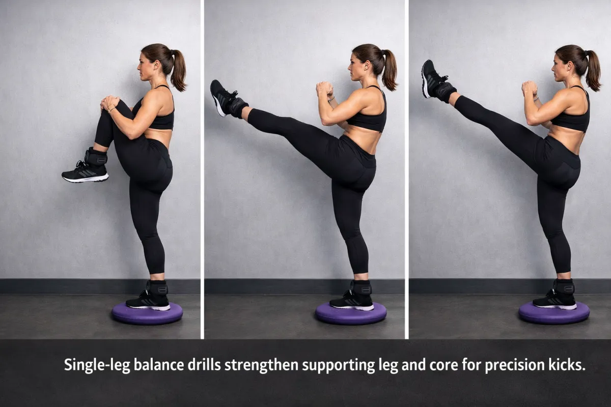 Single-leg balance drills strengthen supporting leg and core for precision kicks