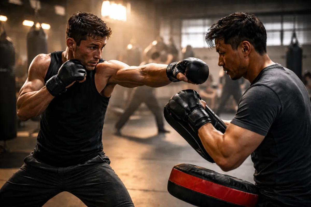 Action film actor training martial arts techniques with stunt coordinator before filming.