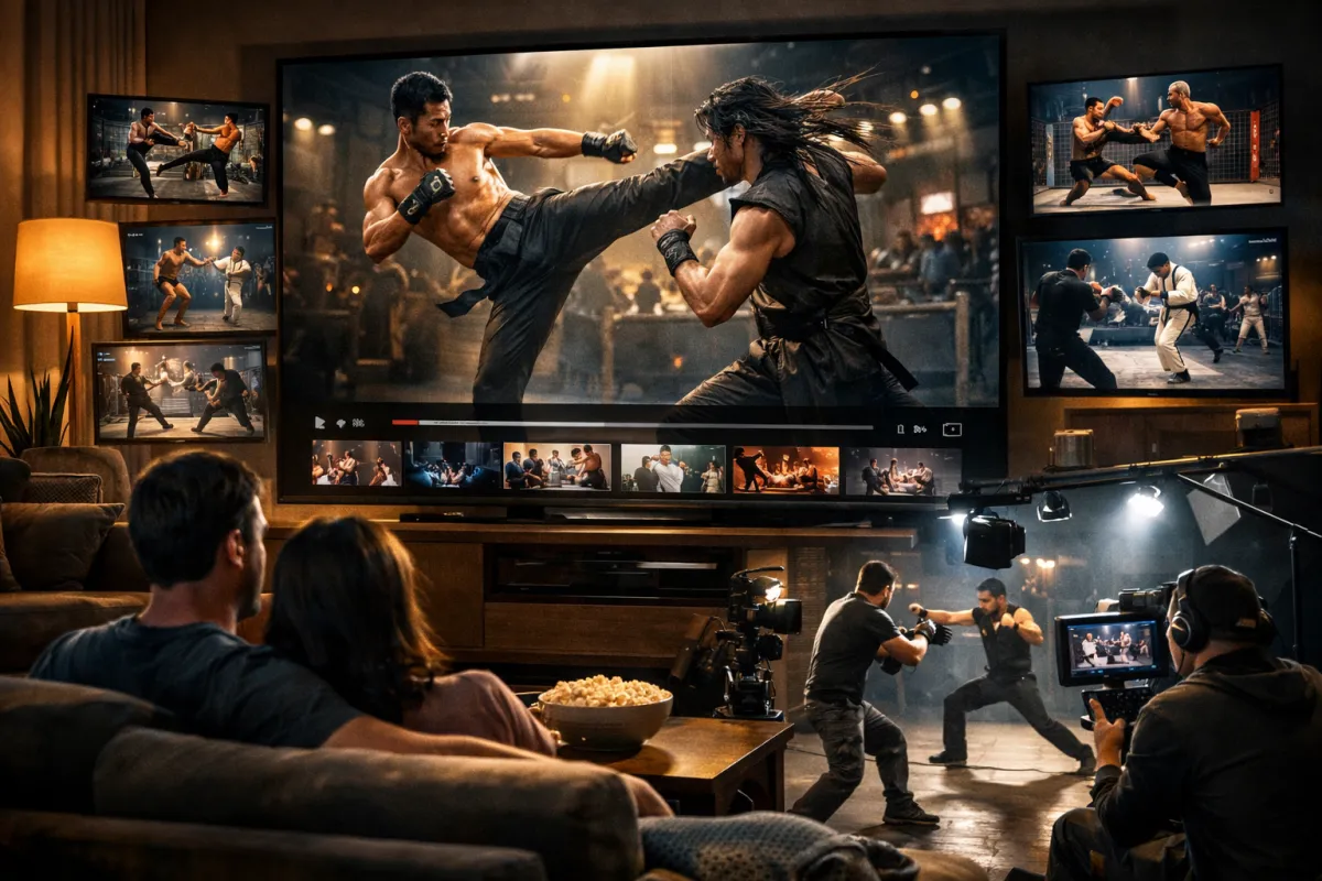 Martial artists filming an action scene for a modern streaming platform production.
