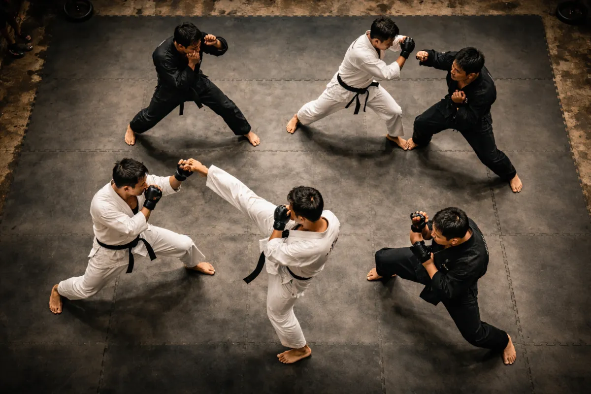 Martial artists sparring on gray mat