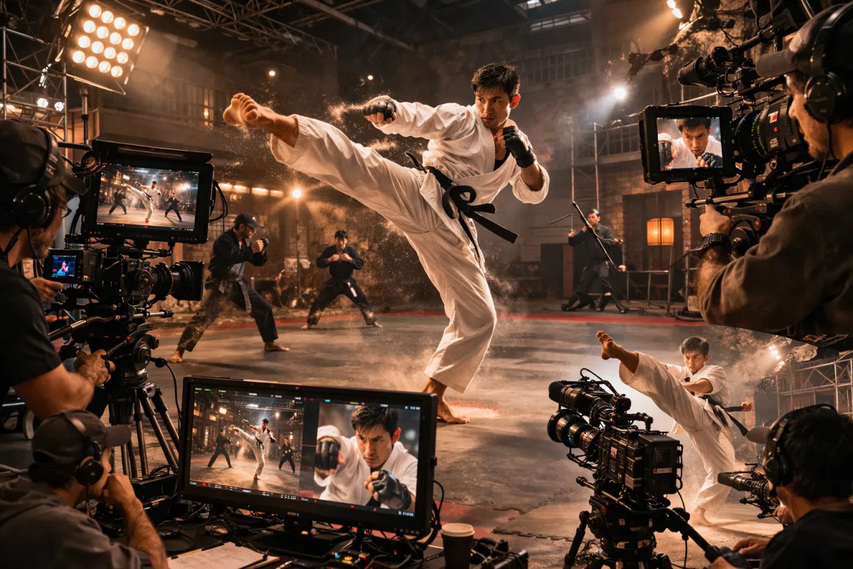 Cinematic martial arts action in production
