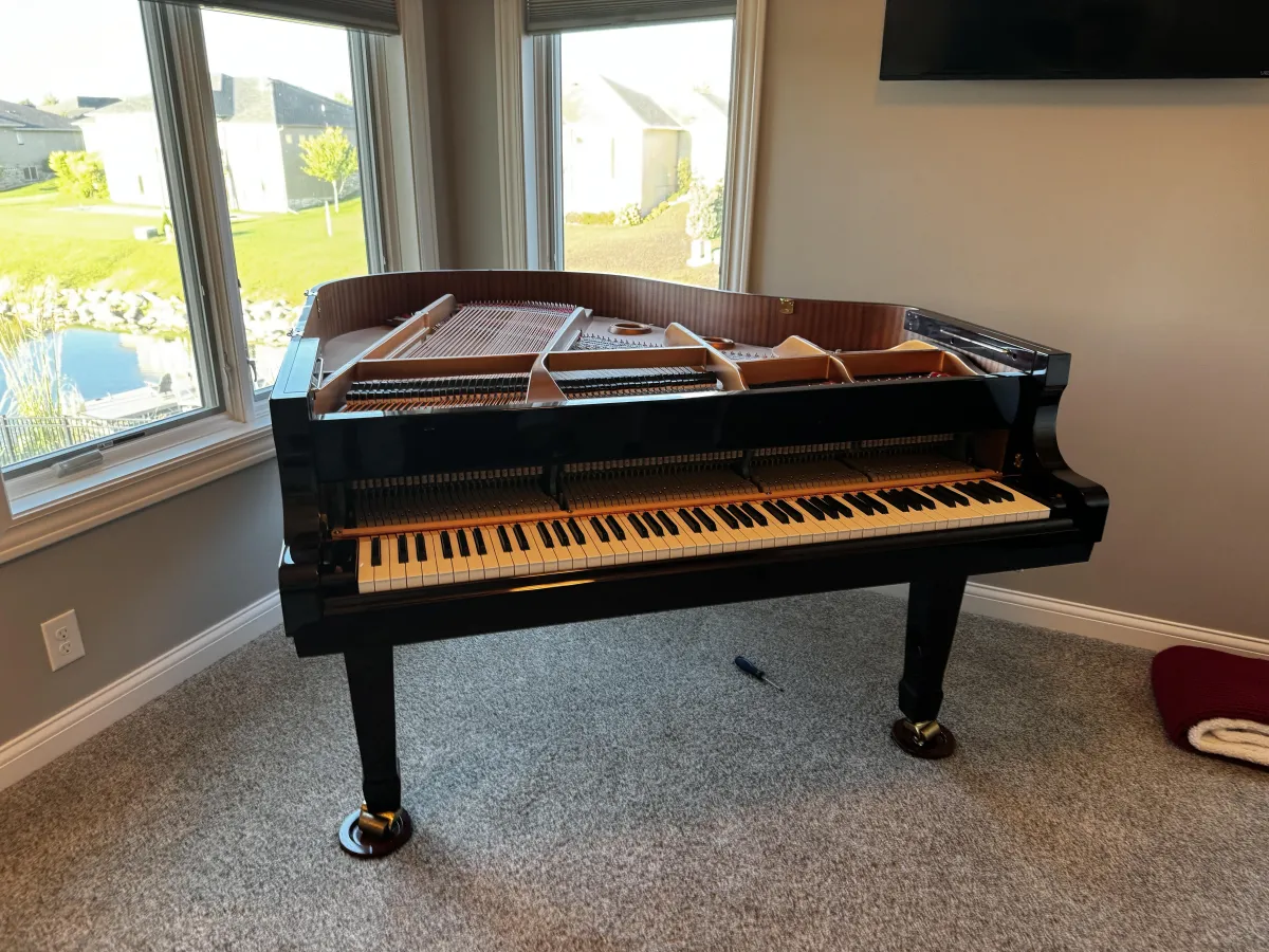 baby grand piano in an apartment on the 3rd floor.