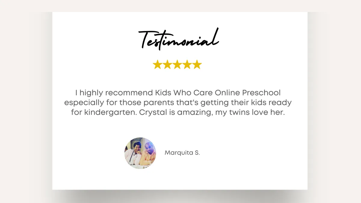 Testimonial - AMAZING!!! While I was previewing a class, my two and four year old came into the room. They were so excited with what was being taught they joined right in! - Kimberly Ann