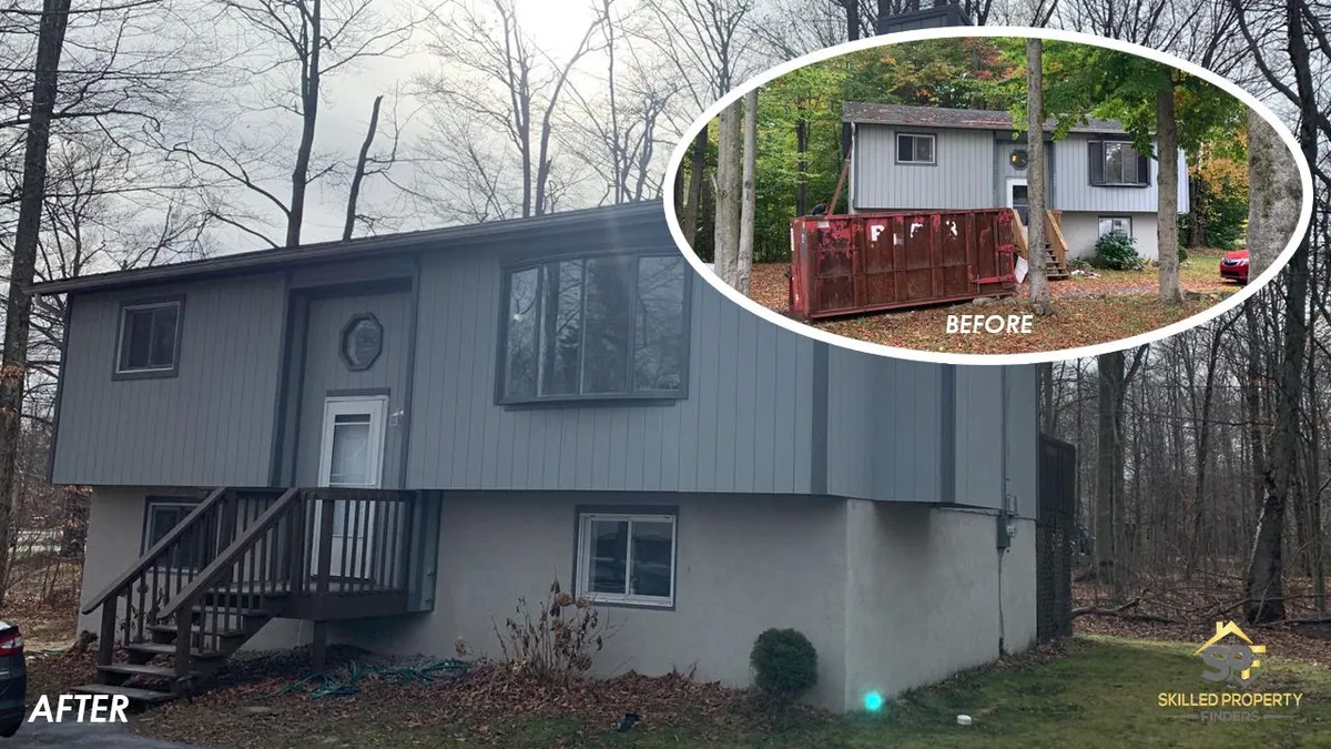 Exterior of a Northeast Pennsylvania rental building, before and after siding cleanup