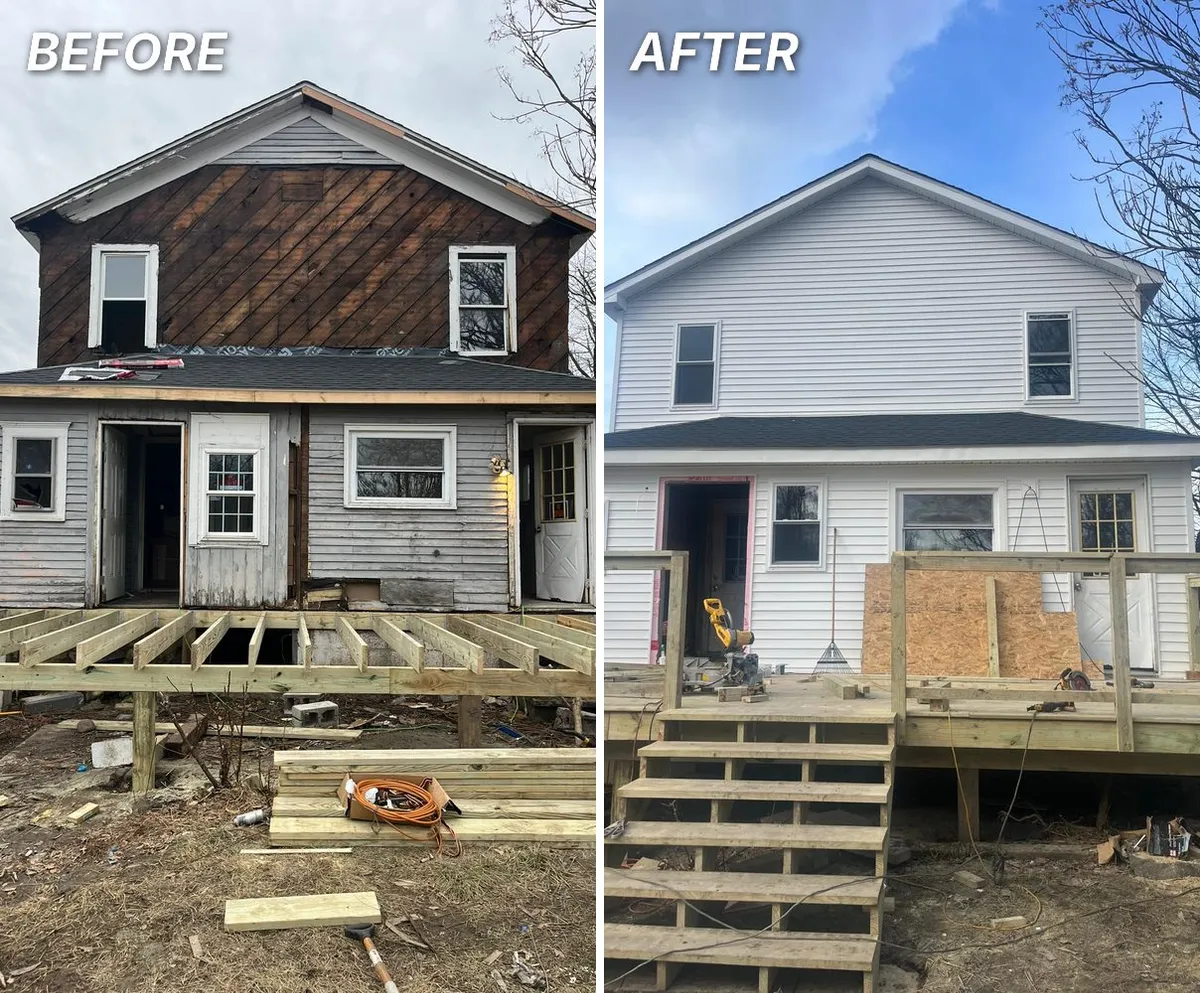 Renovated multifamily rental exterior with new siding and deck in Northeast Pennsylvania