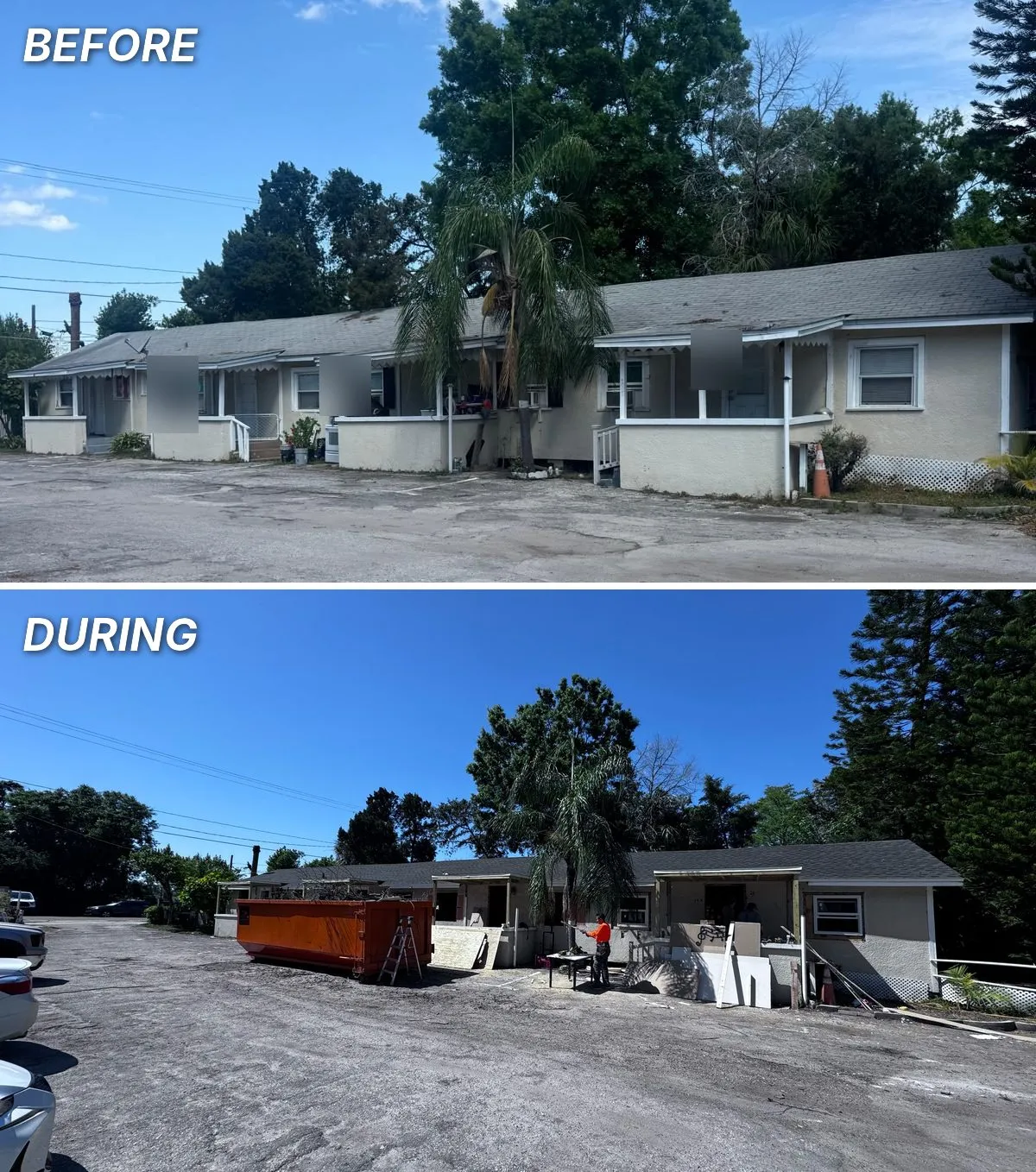 Tampa Bay multifamily building exterior, before and during rehab