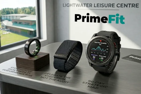 A high-performance training floor setup inside Lightwater Leisure Centre, showing the black central functional fitness rig, rowers, and black gym equipment arranged neatly over bright crimson flooring under sharp, rectangular overhead LED lighting. On a brushed metal surface in the foreground, an Oura Ring on a wooden block, a black Whoop strap, and a Garmin smartwatch displaying a heart rate variability graph sit next to a PrimeFit business card. The PrimeFit logo is cleanly rendered on the background wall above the gym floor.