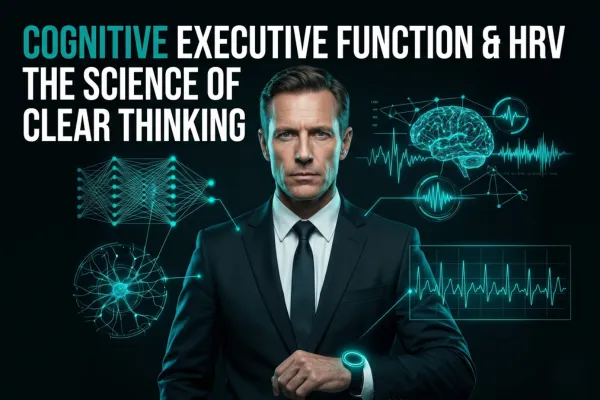 a stressed male executive in his mid-40s sitting in a blurred modern corporate boardroom. The man has fine wrinkles and detailed skin texture, closing his eyes in intense focus and cognitive strain while gripping his temples with both hands. Bold, modern, metallic-textured sans-serif typography on the left reads "BRAIN UNDER PRESSURE" with sharp drop shadows. A translucent medical grid overlay shows a glowing heart rate variability (HRV) wave graph shifting from a chaotic red wave on the left to a stable, cyan blue wave on the right.