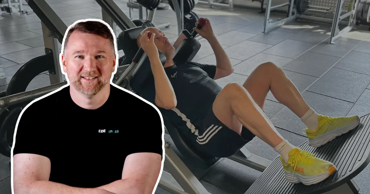Personal trainer overlady on image of a client during a strength training session at Lightwater Leisure Centre in Surrey.