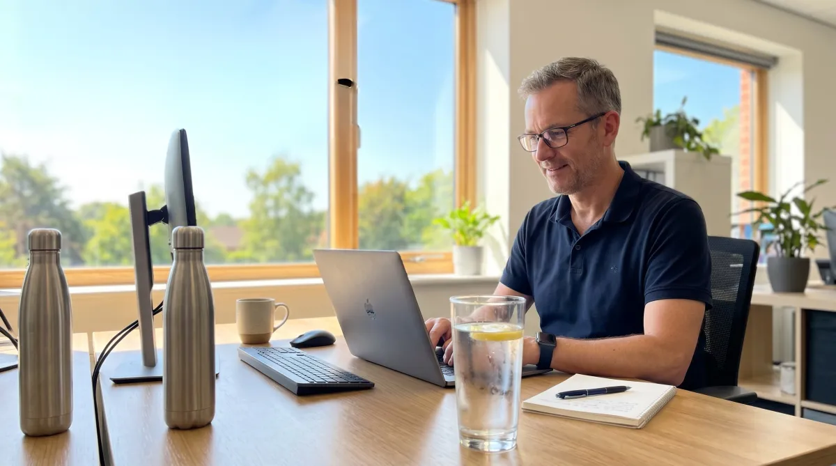 A professional man in his 40s working at a bright, sunny office desk with a large glass of iced water and stainless steel bottles next to his laptop.