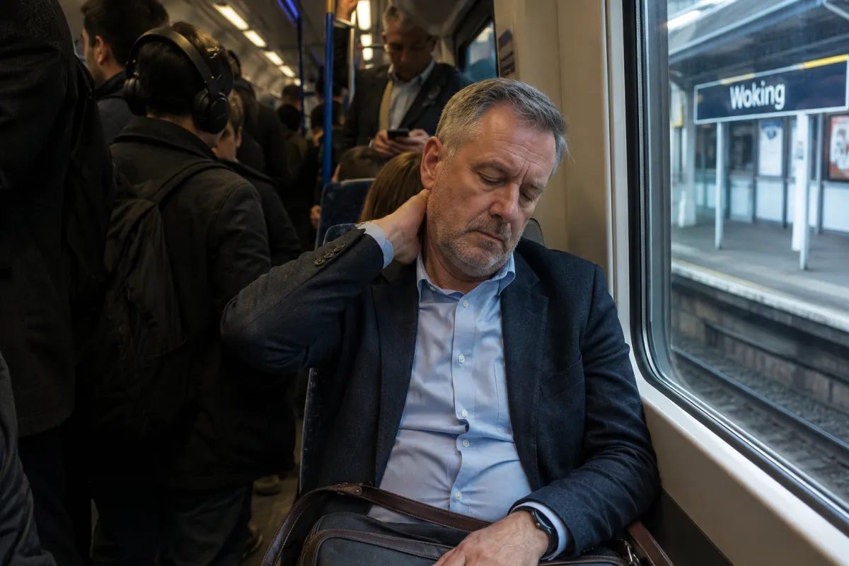 midlife professional sitting on a busy commuter train and showing the signs of neglected health
