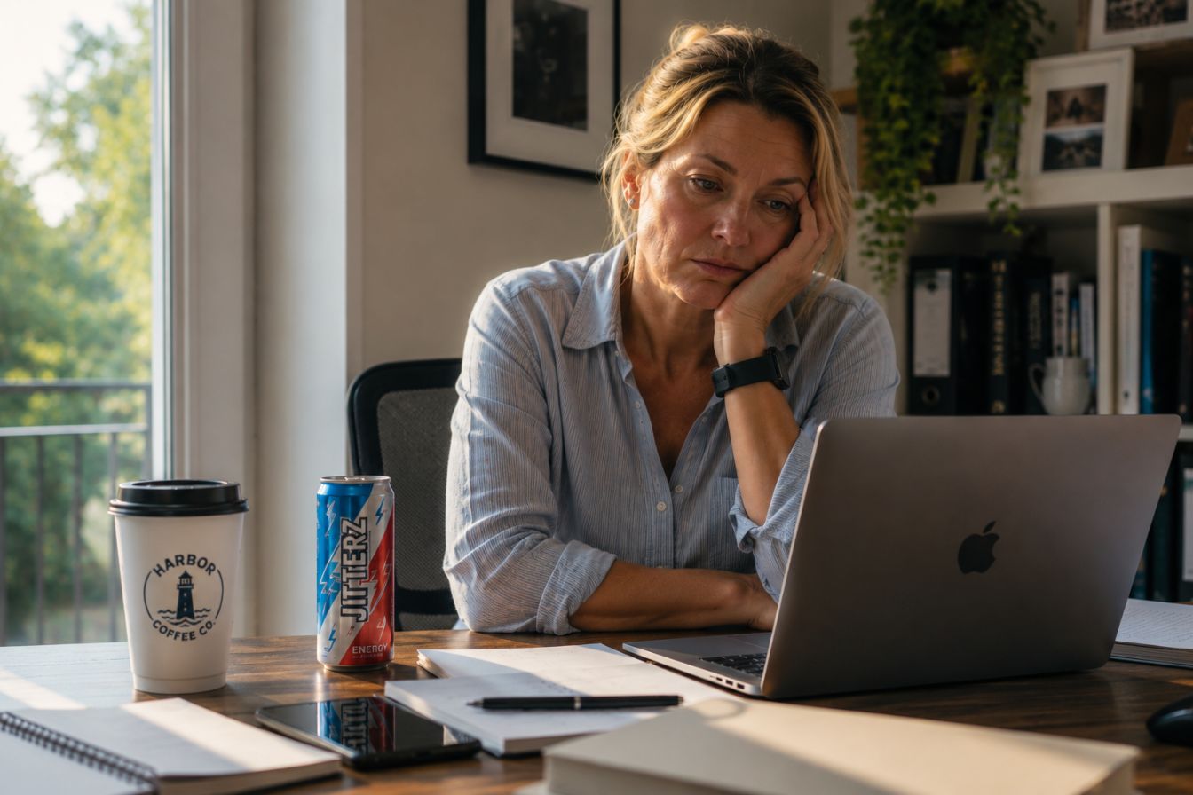 Professional woman in her forties experiencing an afternoon energy slump while working at her desk with coffee and an energy drink nearby.