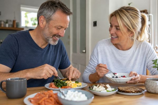 Man and woman over 40 eating a high protein breakfast of eggs and Greek yoghurt