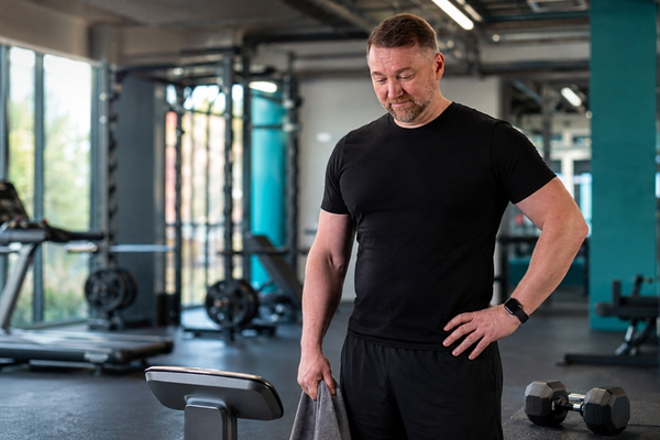 Rob Ede looking thoughtfully at the scales after completing a gym workout.