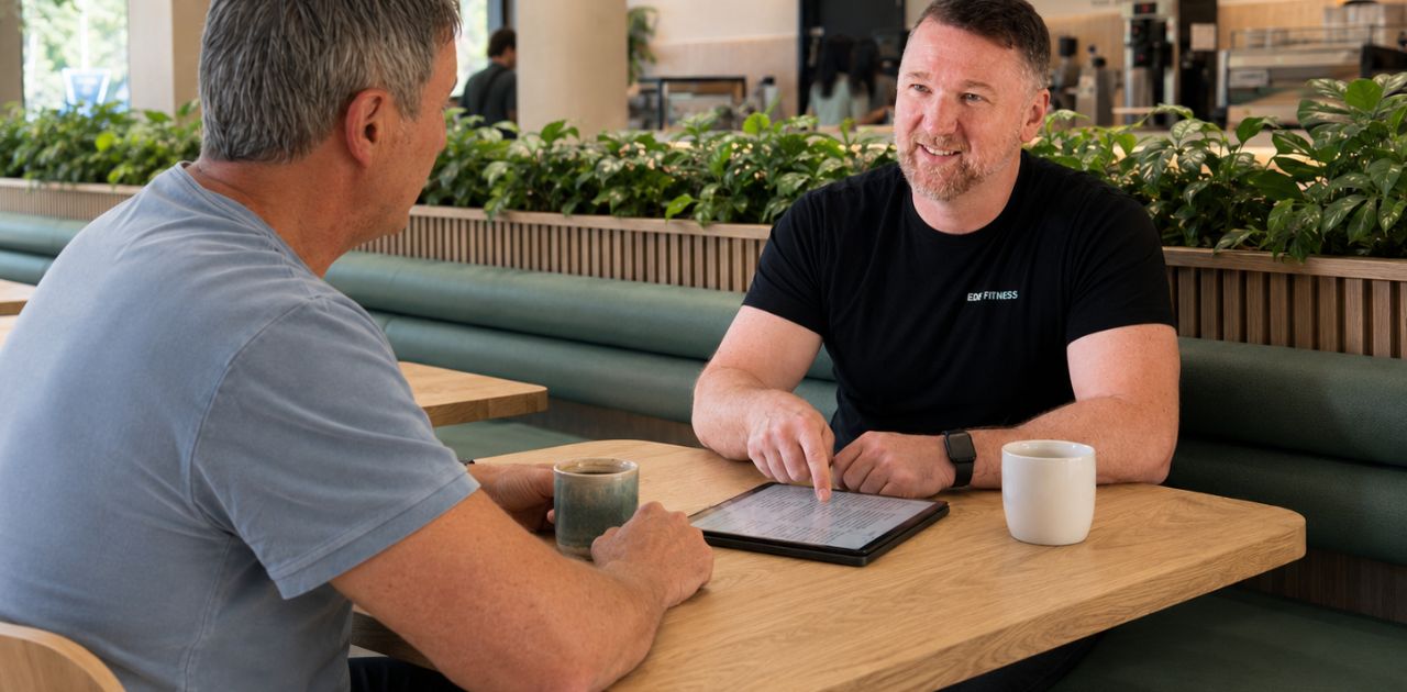 Rob Ede reviewing a client’s weekly food records during a nutrition coaching consultation at the Fieldhouse coffee shop in Lightwater gym.