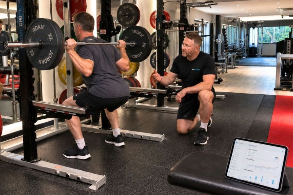 Personal trainer coaching a client through a barbell squat at Lightwater Leisure Centre, with workout tracking on a tablet.