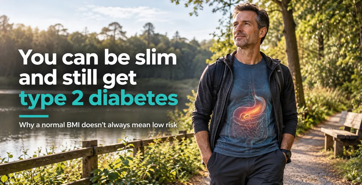 blog cover showing a slim, middle-aged man walking beside a lake in a Surrey Heath countryside setting, with a subtle anatomical illustration highlighting his internal organs. Headline reads: “You can be slim and still get type 2 diabetes”, explaining why a normal BMI doesn't always mean a low risk of diabetes.