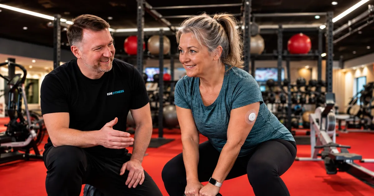 Personal trainer Rob Ede coaching a woman wearing a glucose sensor during strength training at Lightwater Leisure Centre, Surrey Heath, for type 2 diabetes management.