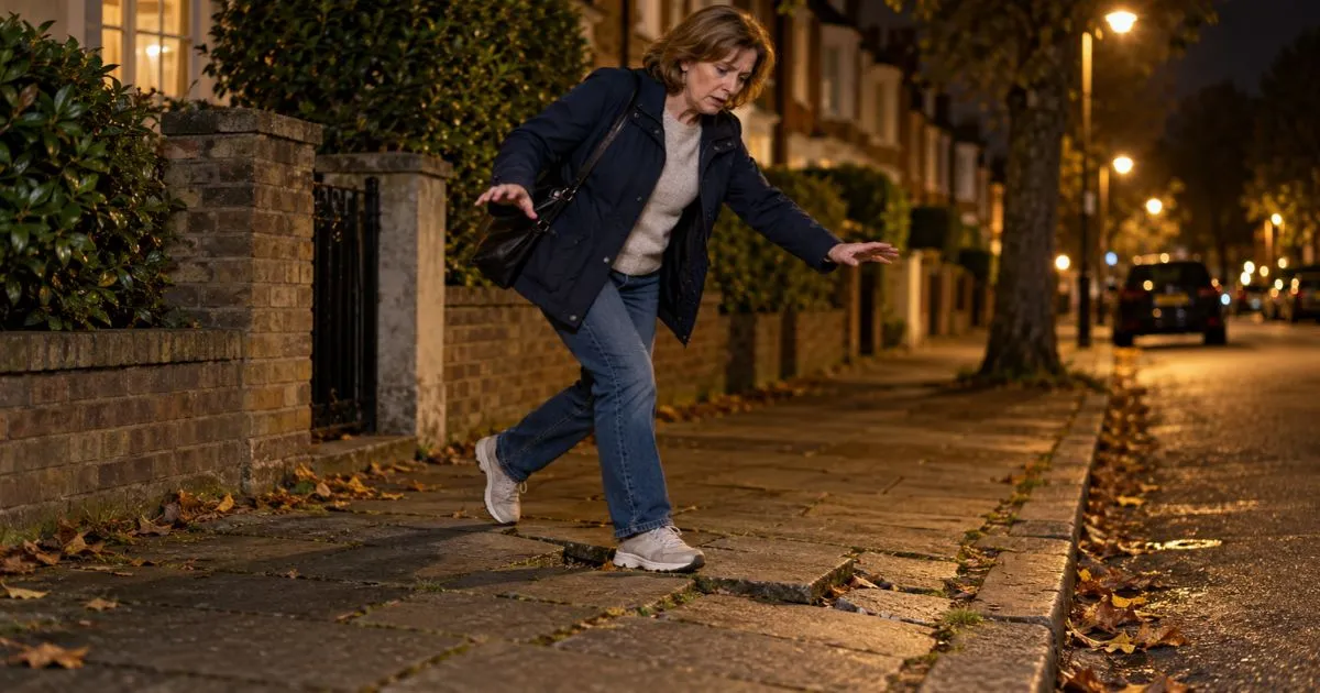 Woman stumbling over a raised paving slab on a dimly lit residential street, reaching out to regain her balance.