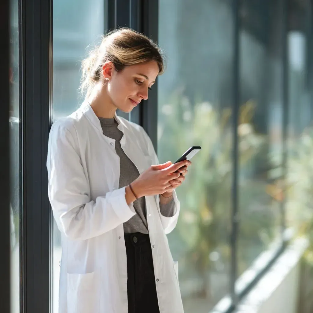Smiling professional woman in a white shirt, looking at her phone while standing indoors.