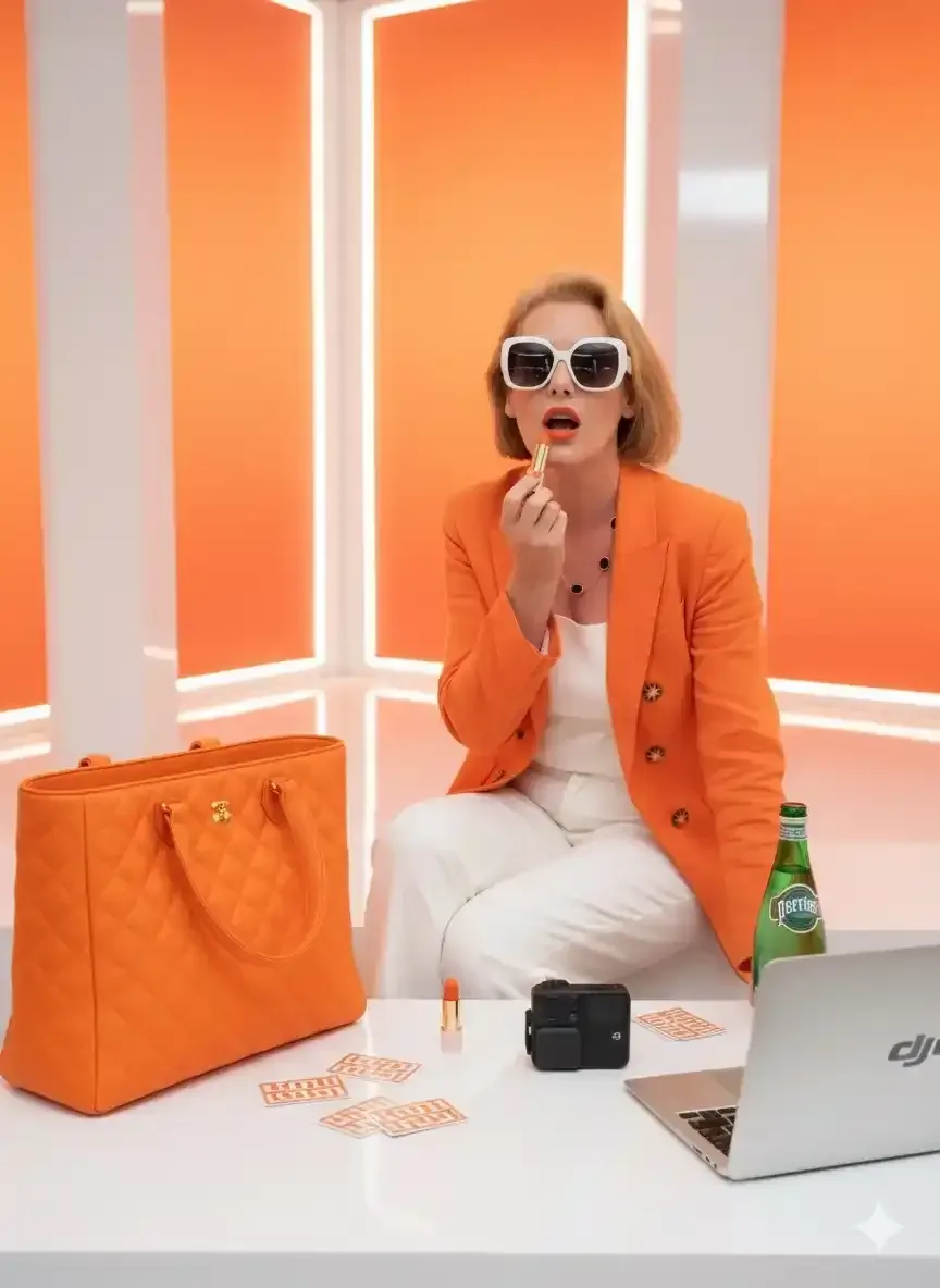 Woman in orange blazer applying lipstick.