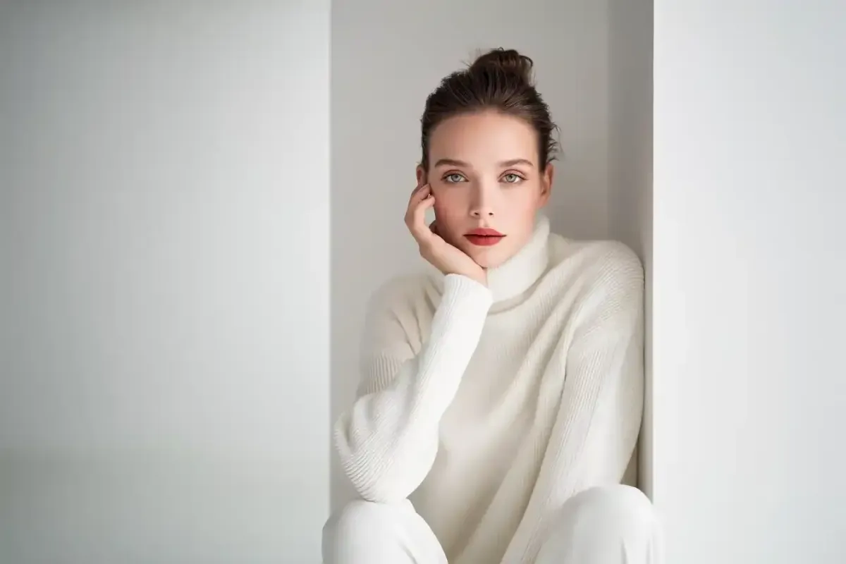 Woman in white sweater sitting with hand on face.