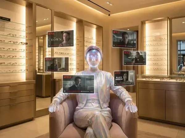 AI-generated character in luxury optical boutique surrounded by serialized video content displays representing Netflix-style marketing series for eyewear brands