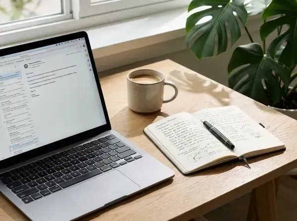 Modern aesthetic workspace with a laptop showing an email, notebook, and coffee, symbolizing strategic email marketing planning for small businesses in Marin.