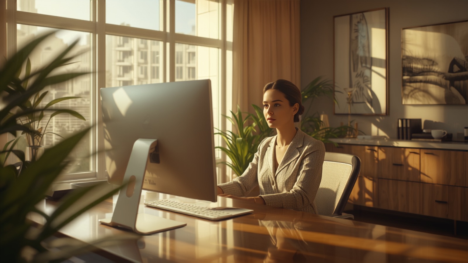 Business owner working at a computer in a modern Marin home office