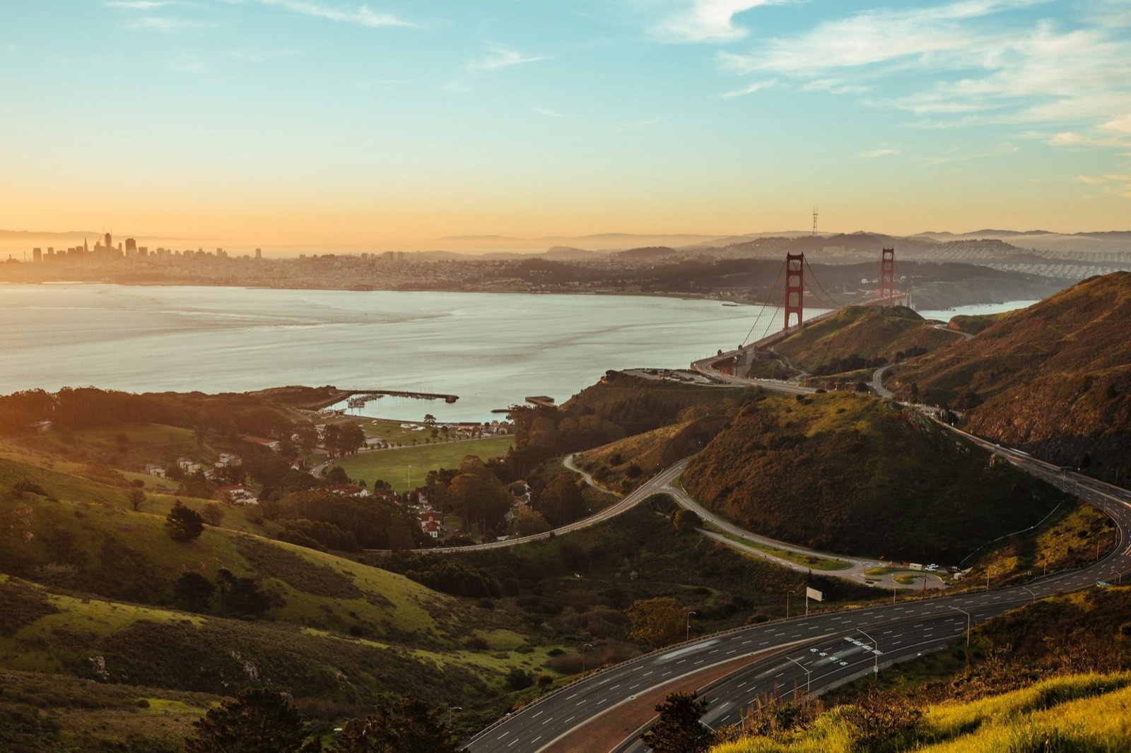 The Marin Headlands at sunset looking toward the Golden Gate Bridge and San Francisco